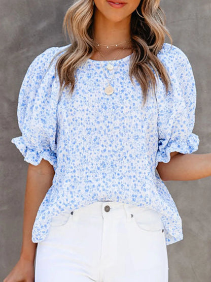Full Size Floral Print Ruffle Sleeve Blouse Plus Size - Bayou Curves