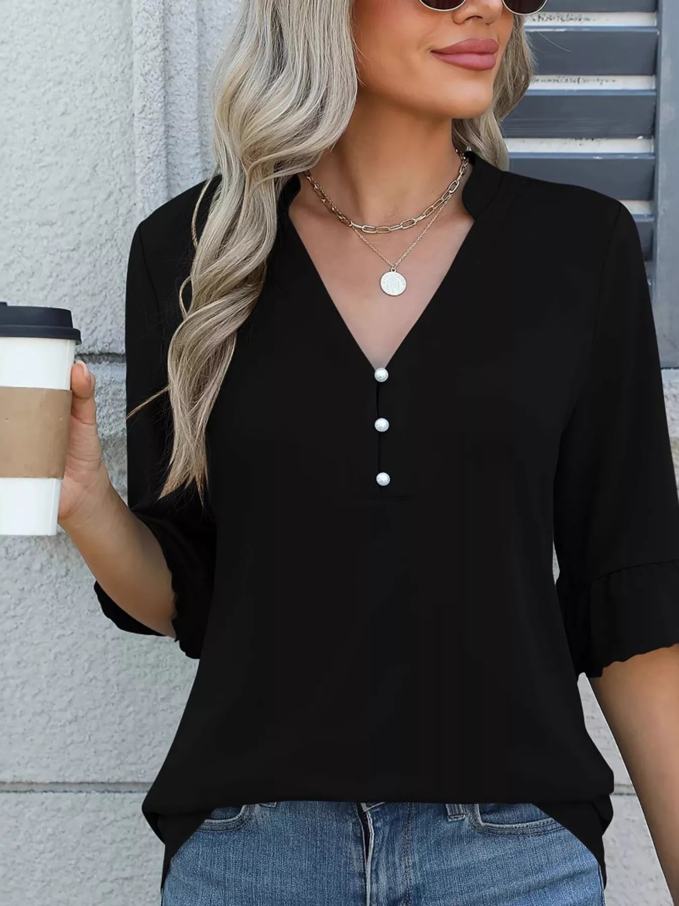 Full Size Notched Flounce Sleeve Blouse Plus Size - Bayou Curves