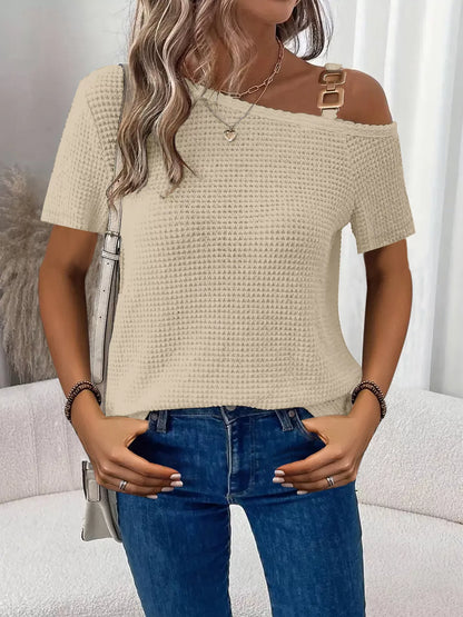 One-Shoulder Chain Detail Waffle Knit T-Shirt - Bayou Curves