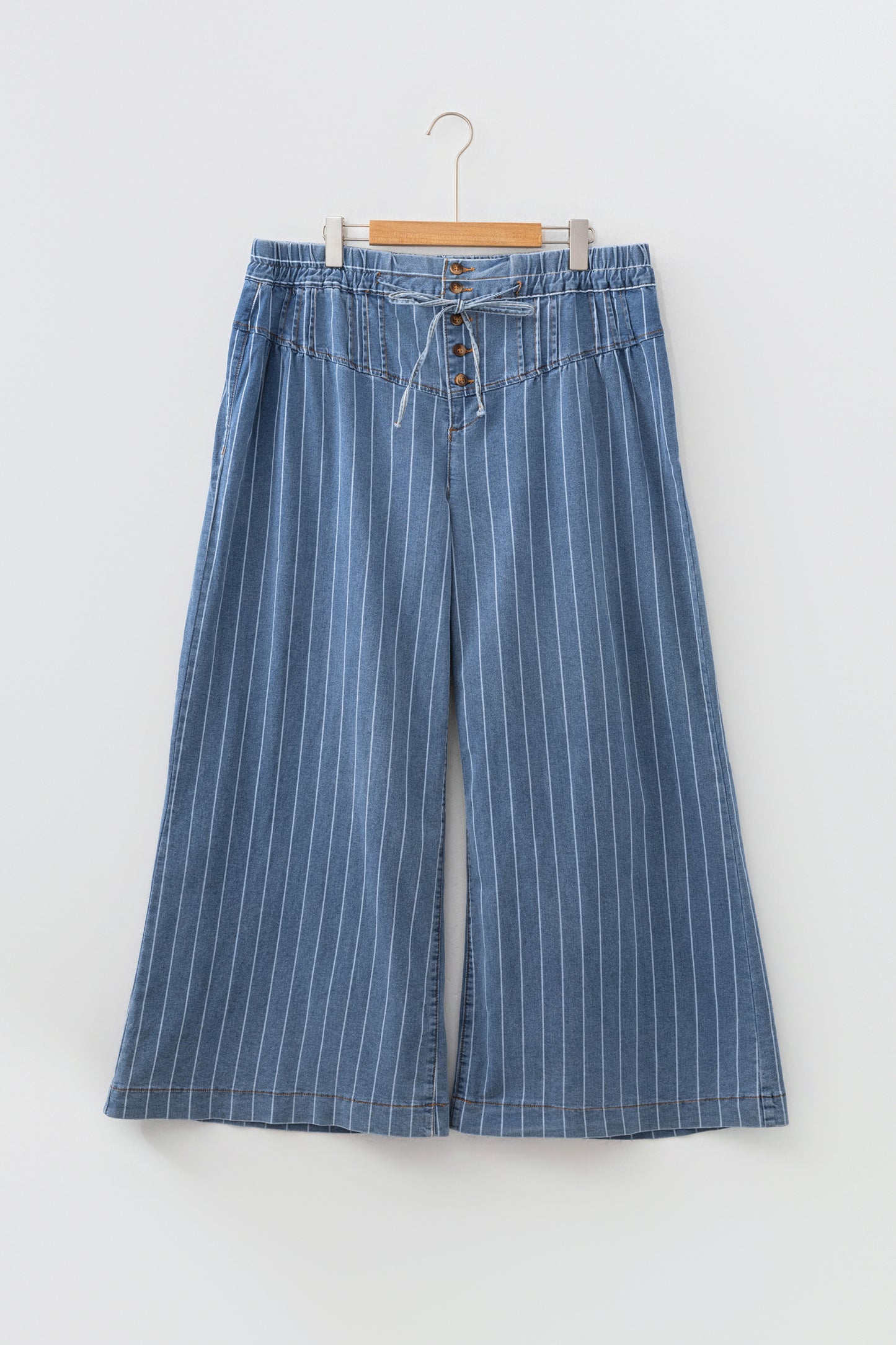 Plus Size Sky Blue Stripe Buttoned Loose Wide Leg Denim Pants