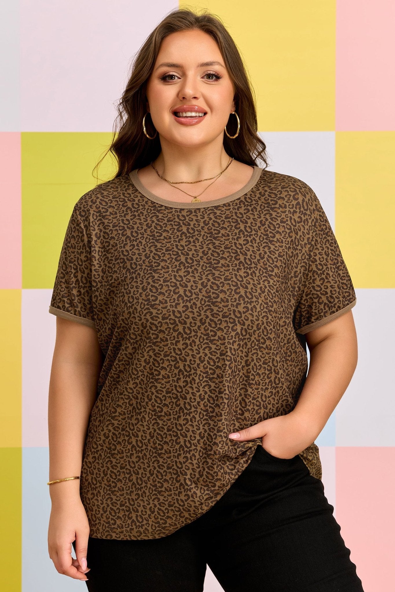 Plus Size Khaki Leopard Print Ribbed Trim Round Neck Tee - Bayou Curves