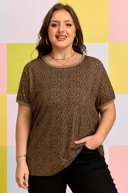 Plus Size Khaki Leopard Print Ribbed Trim Round Neck Tee - Bayou Curves