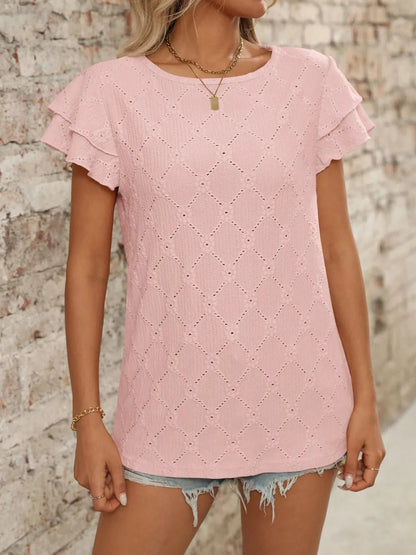 Eyelet Round Neck Double Layered Ruffled Short Sleeve Top - Bayou Curves