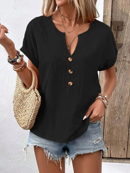 Full Size Notched Short Sleeve Top Plus Size - Bayou Curves