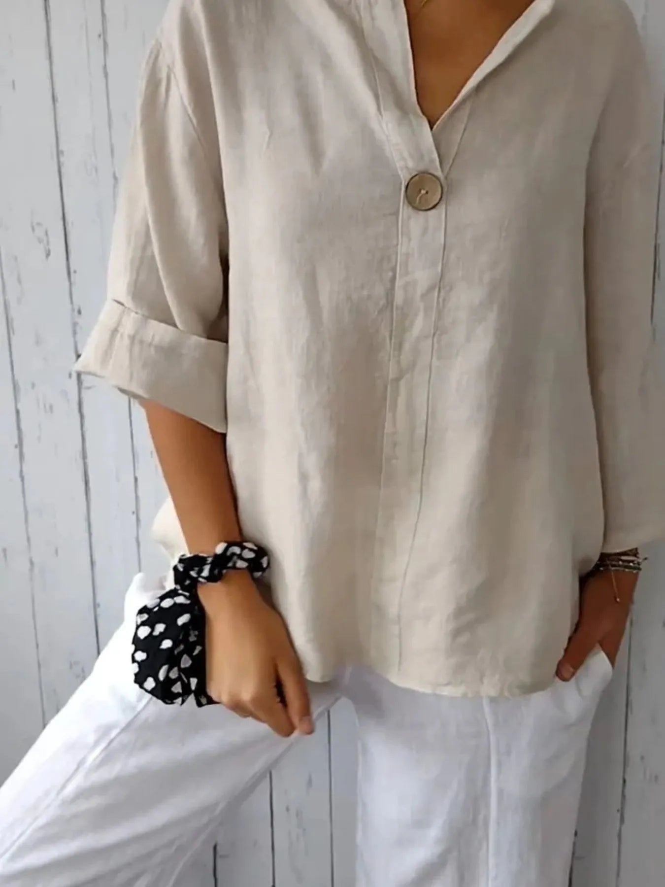 Full Size Linen Blend Notched Blouse Plus Size - Bayou Curves