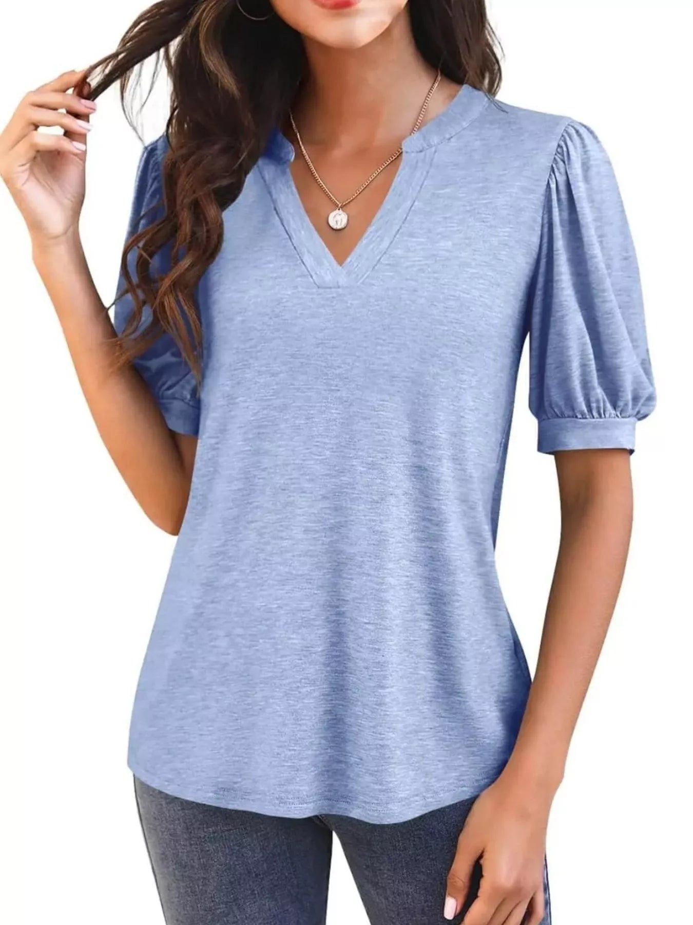Puff Sleeve Notched Casual T-Shirt - Bayou Curves