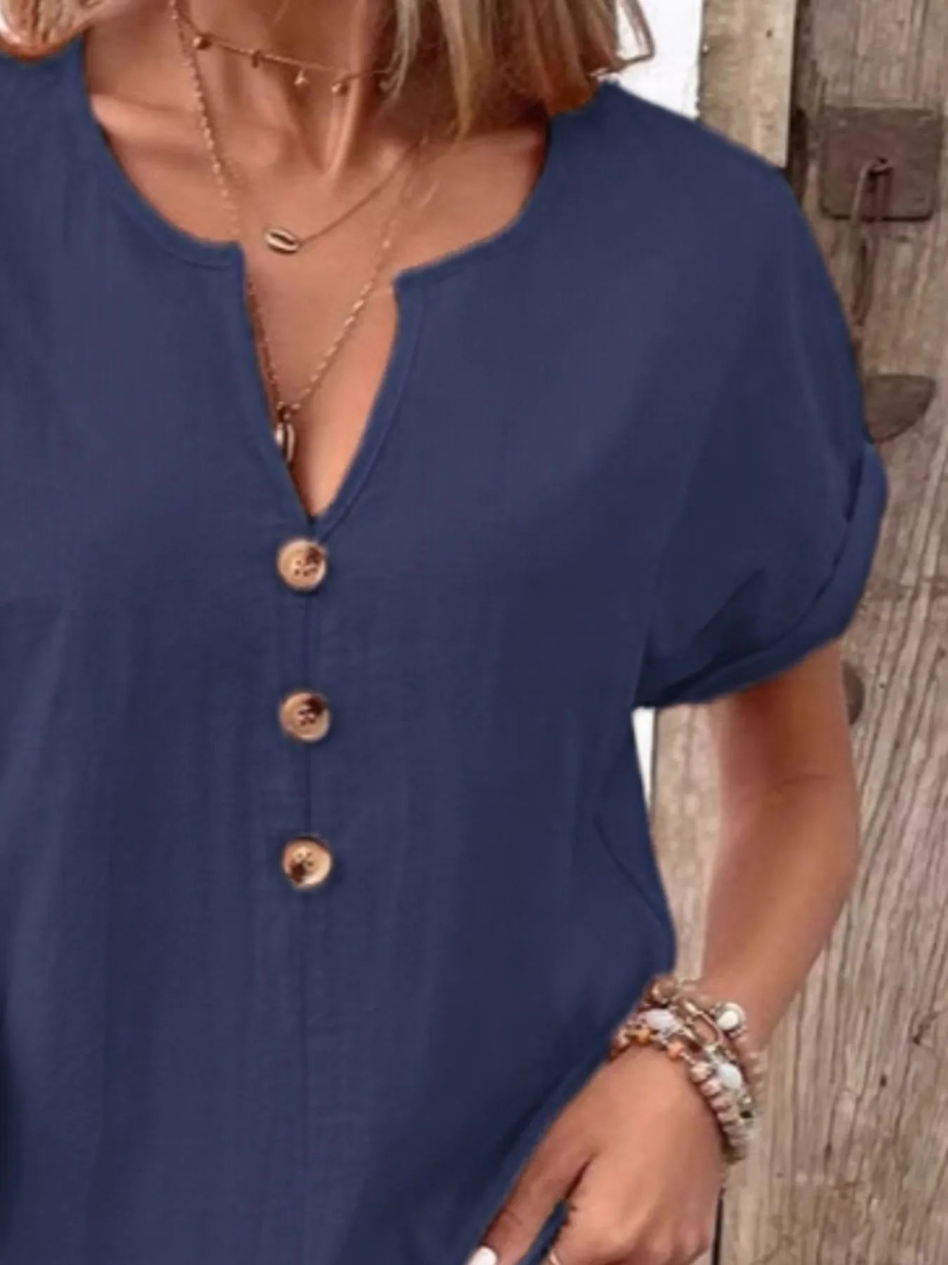 Full Size Notched Short Sleeve Top Plus Size - Bayou Curves