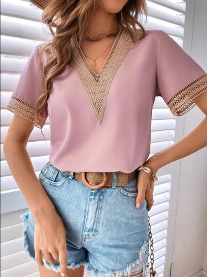 Full Size Contrast V-Neck Short Sleeve Blouse Plus Size - Bayou Curves