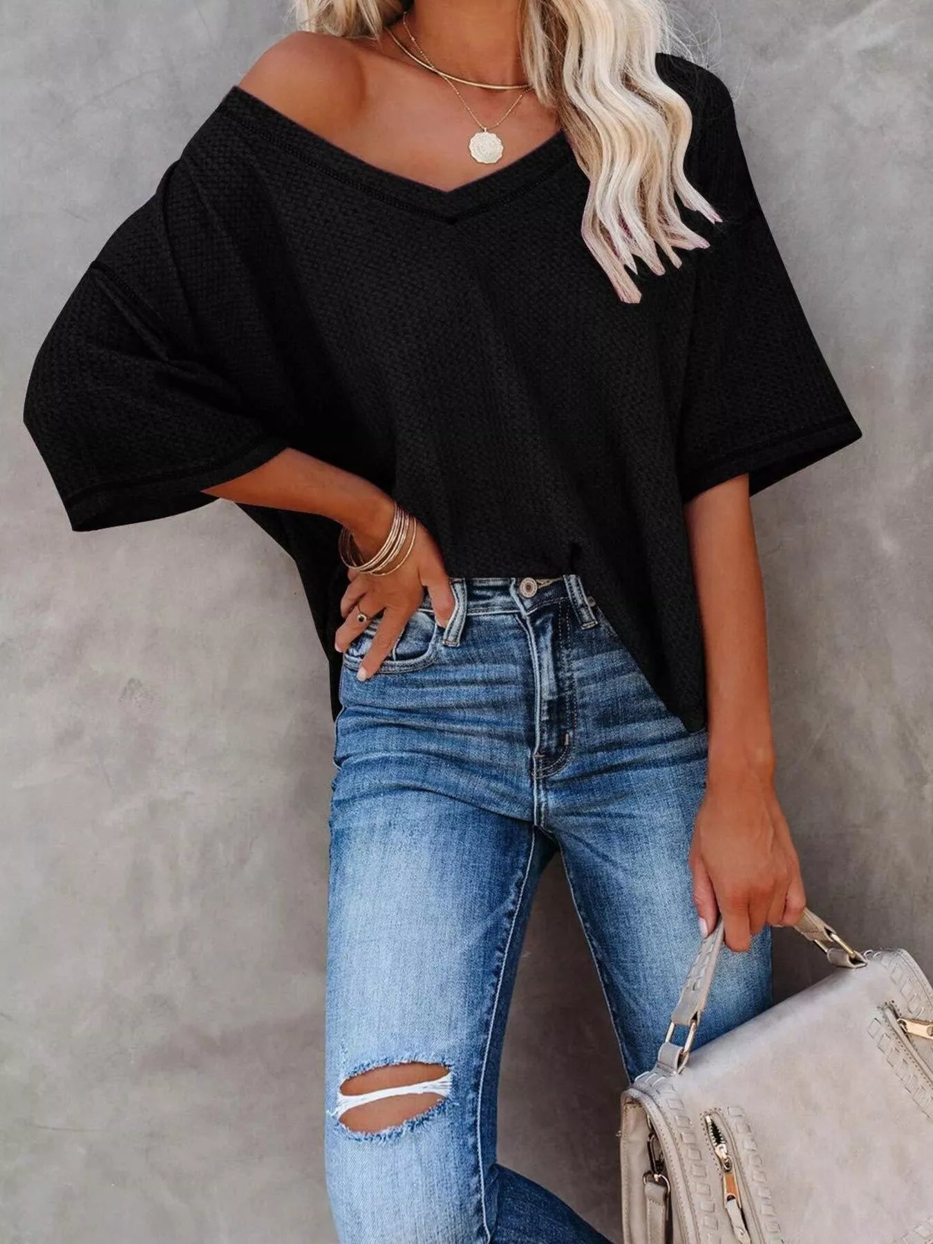 Waffle Knit V-Neck Short Sleeve T-Shirt - Bayou Curves