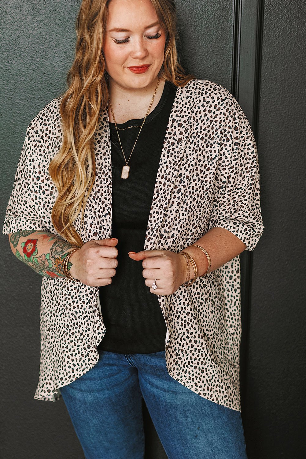 Plus Size Khaki Leopard Print Half Sleeve Open Front Cardigan - Bayou Curves