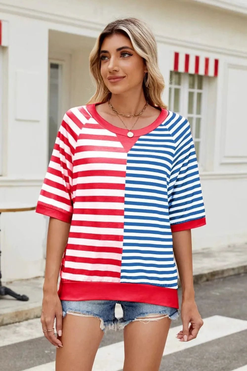 Striped Round Neck Half Sleeve T-Shirt - Bayou Curves