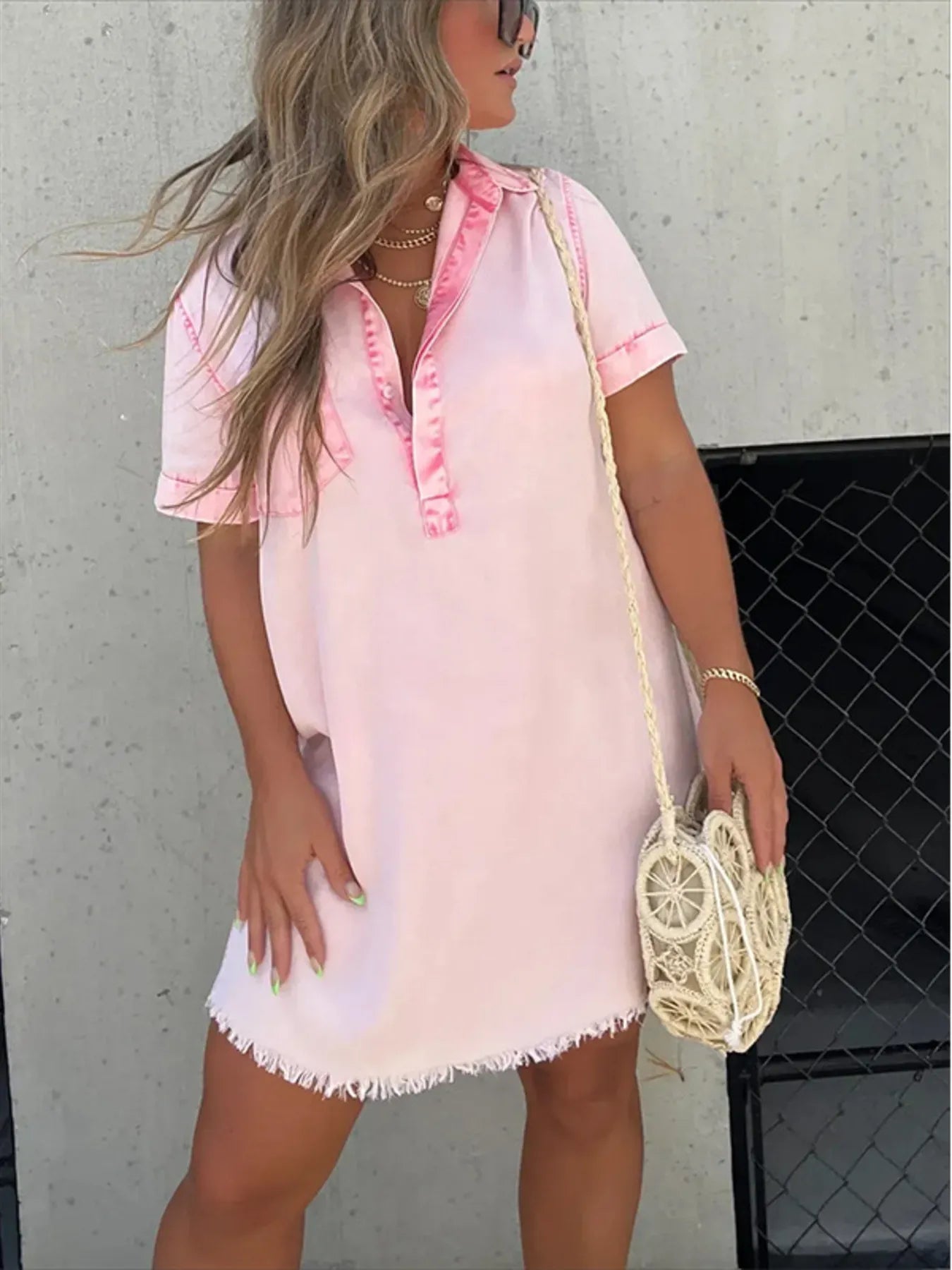 Full Size Raw Hem Short Sleeve Denim Dress Plus Size - Bayou Curves