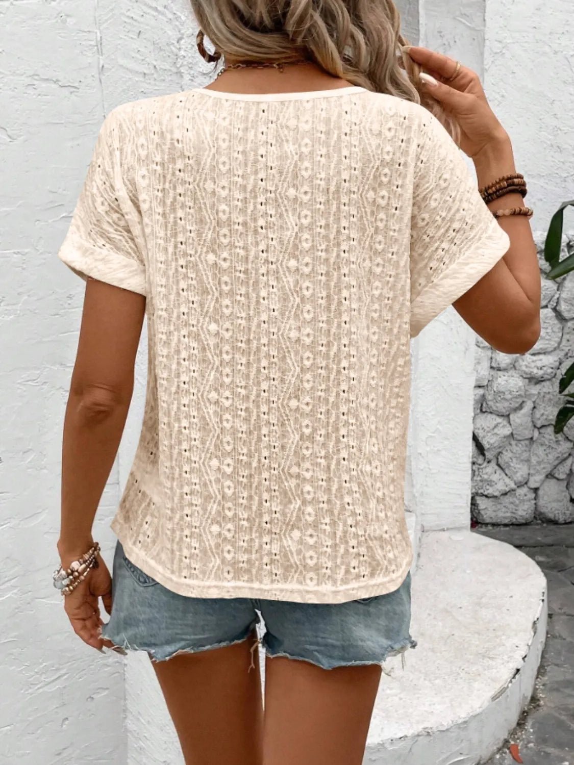 Eyelet Round Neck Short Sleeve Top - Bayou Curves