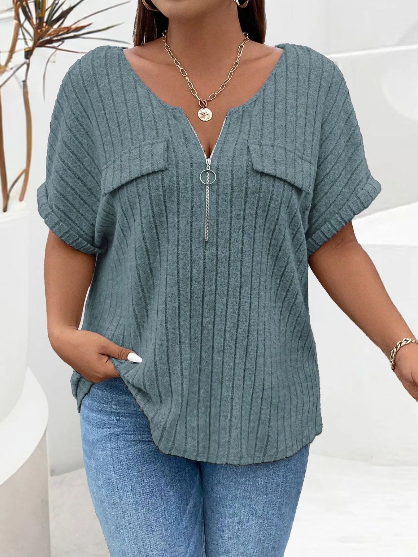 Plus Size Ribbed Half Zip Relaxed Fit T-Shirt - Bayou Curves
