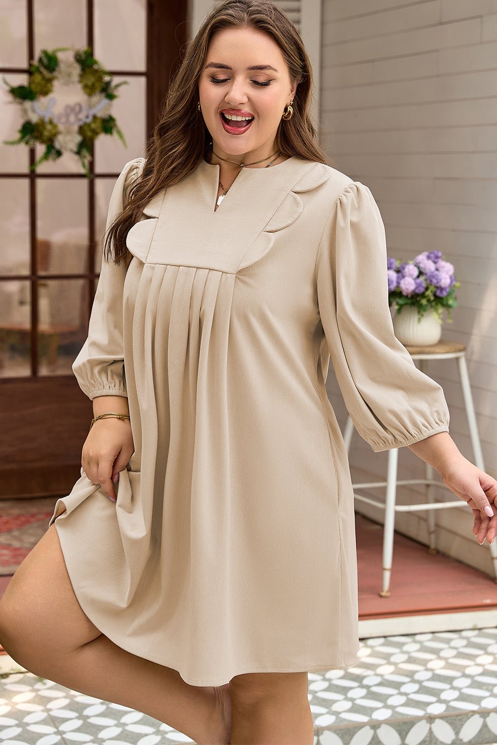 Plus Size Parchment Notched Neck Scallop Detail Mini Dress - Bayou Curves