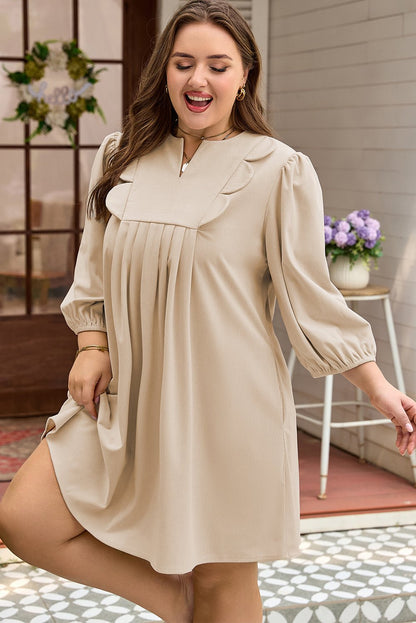 Plus Size Parchment Notched Neck Scallop Detail Mini Dress - Bayou Curves