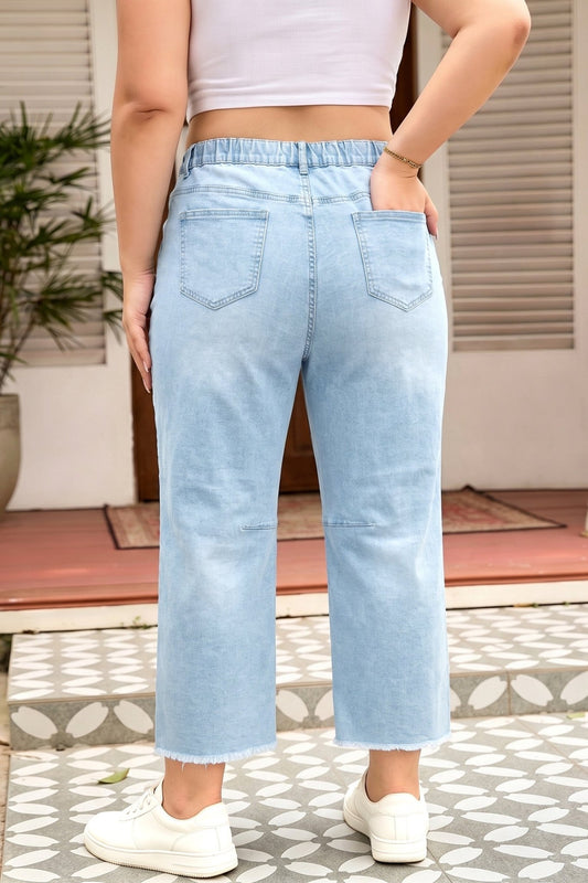 Plus Size Beau Blue Seam Detail Patch Pocket Raw Cut Shift Jeans - Bayou Curves