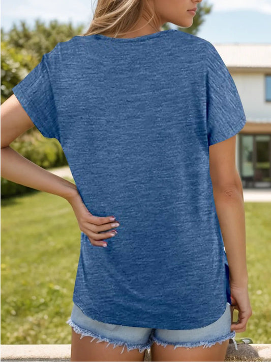 Pocketed Heathered V-Neck Short Sleeve T-Shirt - Bayou Curves