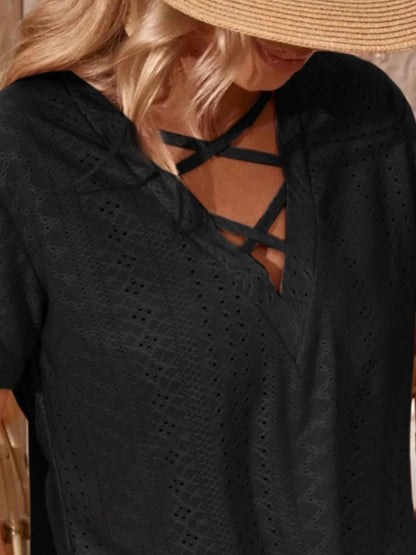 Eyelet Crisscross Short Sleeve T-Shirt - Bayou Curves