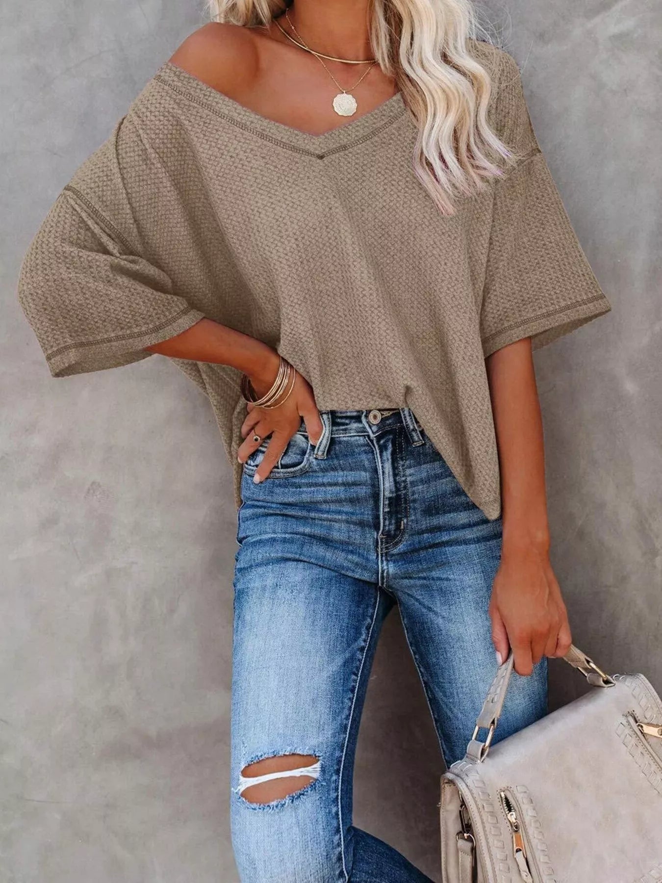 Waffle Knit V-Neck Short Sleeve T-Shirt - Bayou Curves