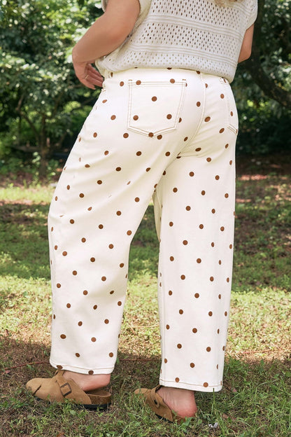 Plus Size Beige Polka Dot Print Barrel Jeans - Bayou Curves