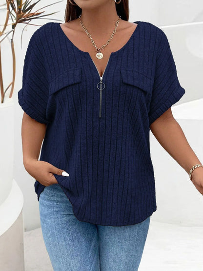 Plus Size Ribbed Half Zip Relaxed Fit T-Shirt - Bayou Curves