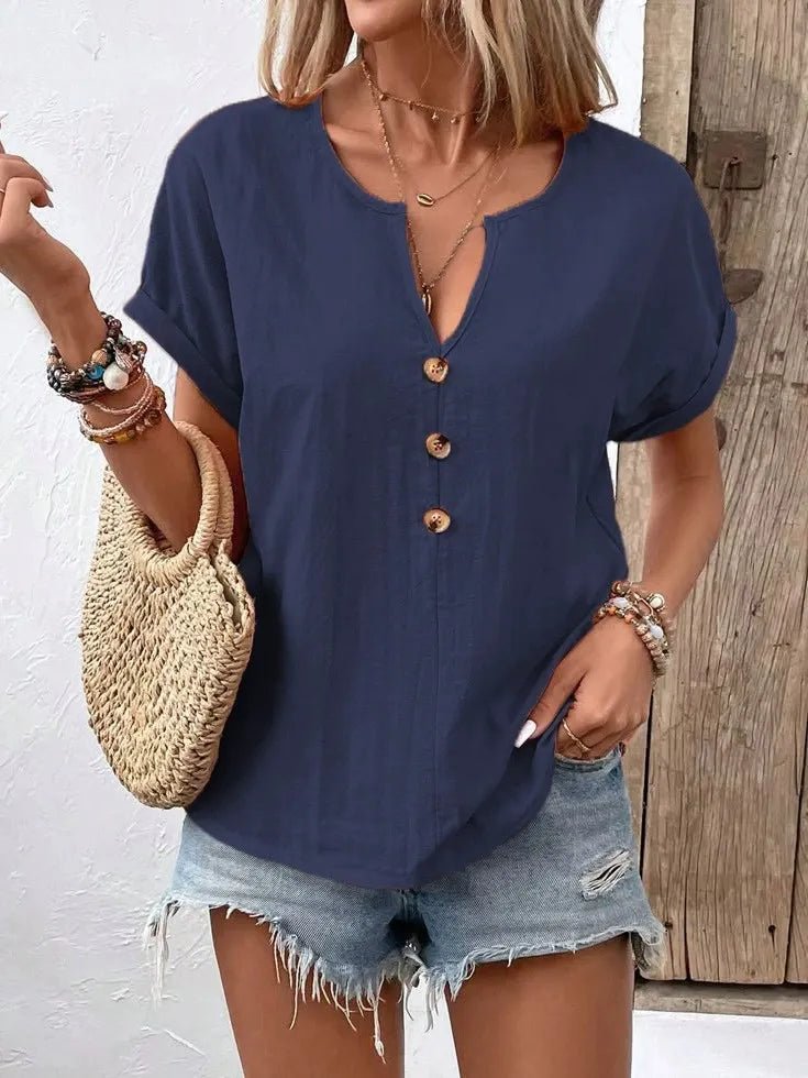 Full Size Notched Short Sleeve Top Plus Size - Bayou Curves