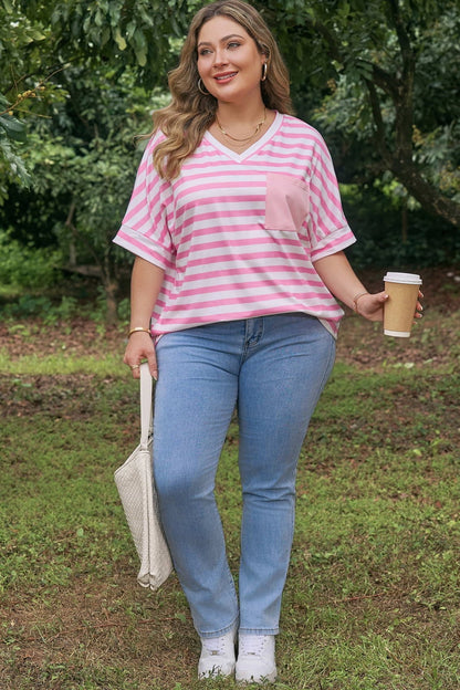 Plus Size Pink Stripe Colorblock Patched Pocket V Neck Tee - Bayou Curves