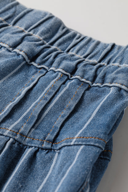 Plus Size Sky Blue Stripe Buttoned Loose Wide Leg Denim Pants