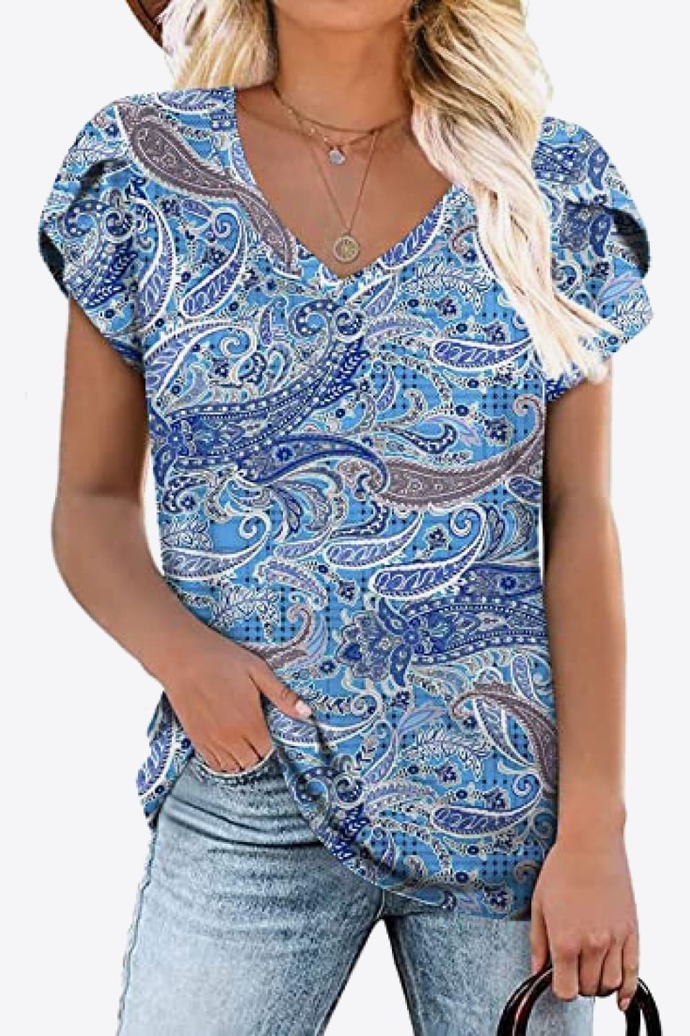 Printed Petal Sleeve V-Neck Blouse - Bayou Curves