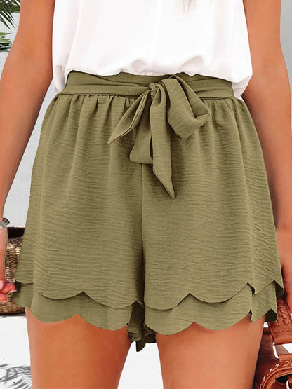 Tied Layered Scalloped Hem Shorts - Bayou Curves