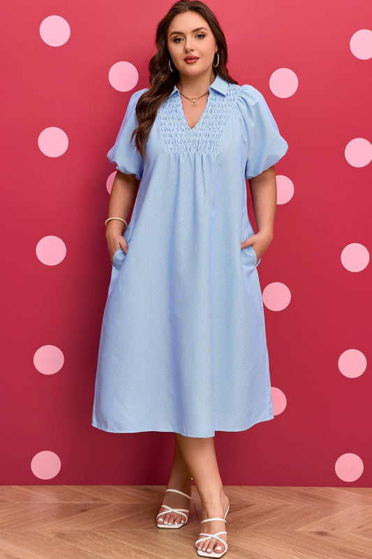 Plus Size Sky Blue Stripe Shirred Detail Collar V Neck Midi Dress - Bayou Curves