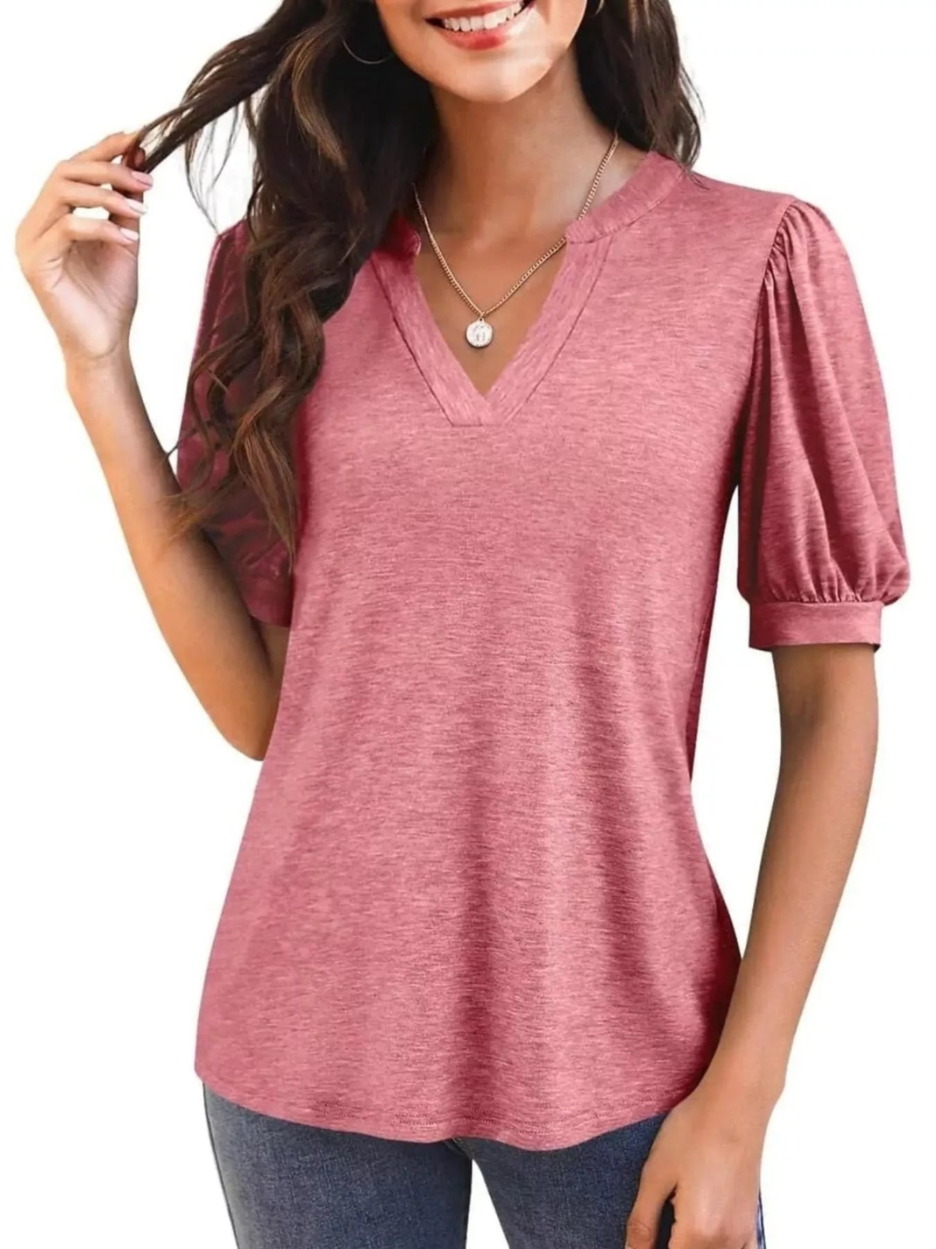 Puff Sleeve Notched Casual T-Shirt - Bayou Curves