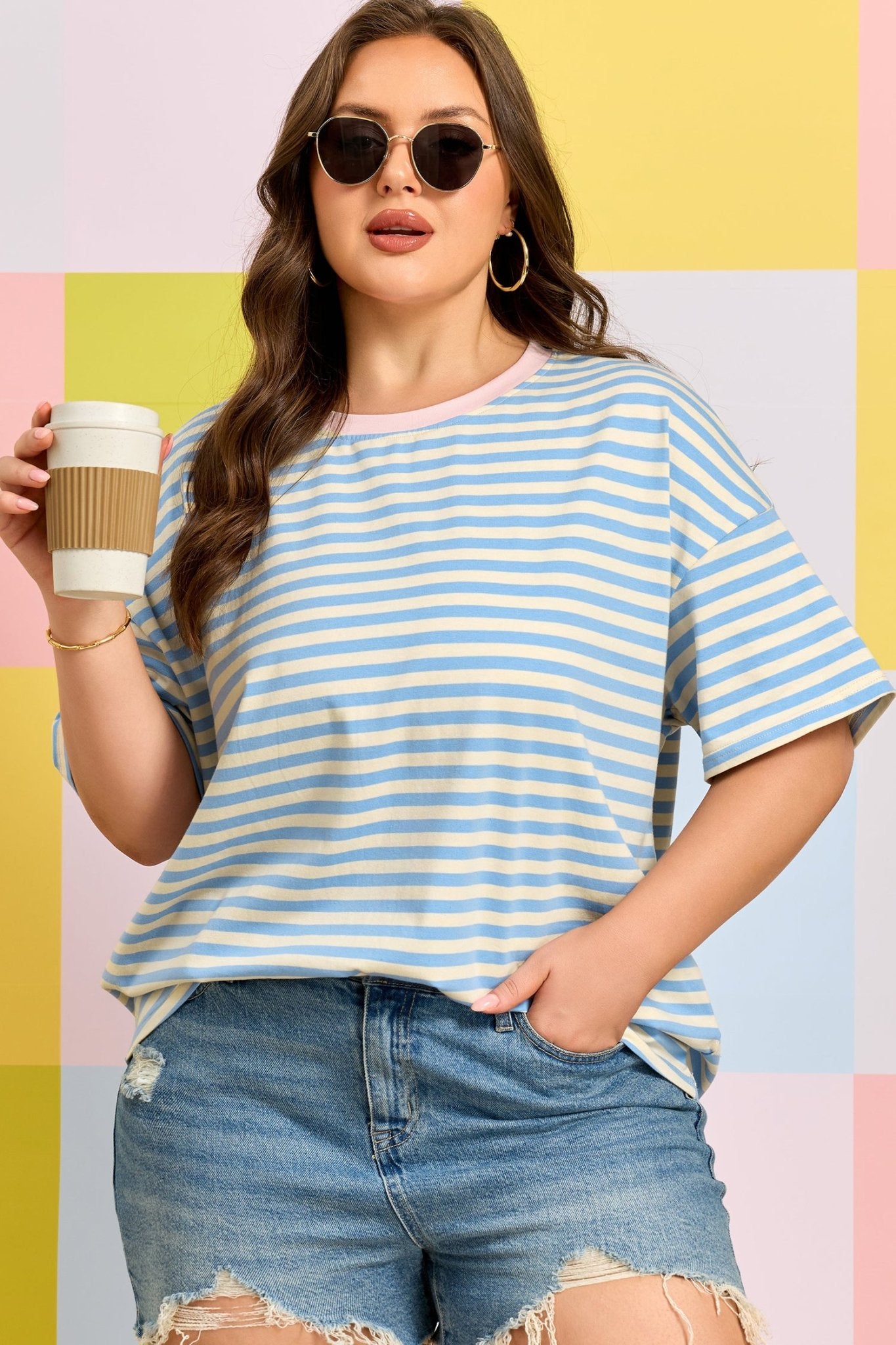 Plus Size Sky Blue Stripe Drop Shoulder Contrast Trim Round Neck Tee - Bayou Curves