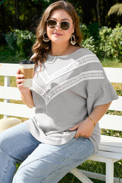 Plus Size Light Grey Lace Insert Waffle Ruffle Short Sleeve Top - Bayou Curves