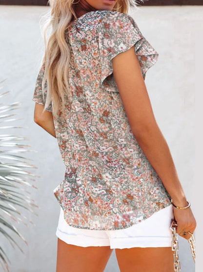 Full Size Floral Print Flutter Sleeve V-Neck Blouse Plus Size - Bayou Curves