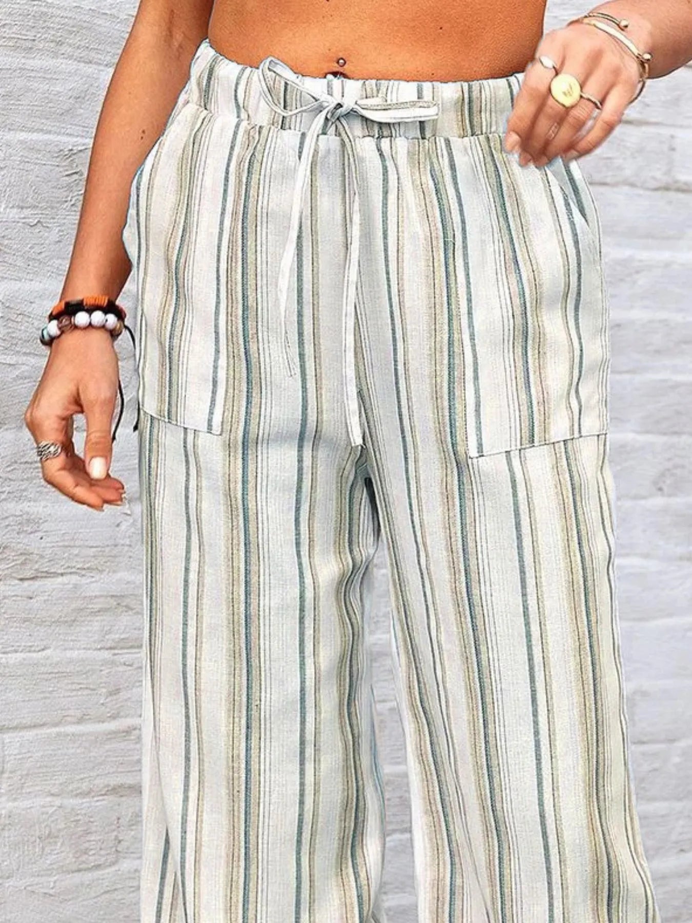 Full Size Striped Wide Leg Pants Plus Size - Bayou Curves