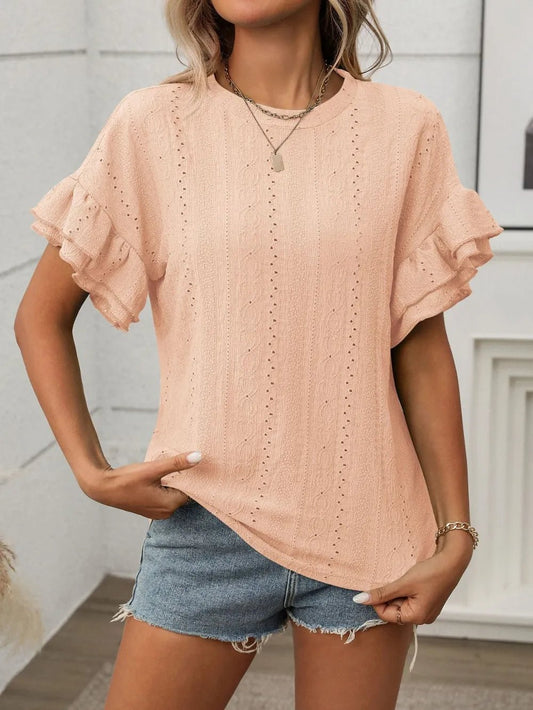 Eyelet Round Neck Flounce Sleeve Top - Bayou Curves