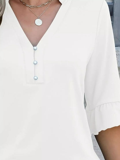 Full Size Notched Flounce Sleeve Blouse Plus Size - Bayou Curves