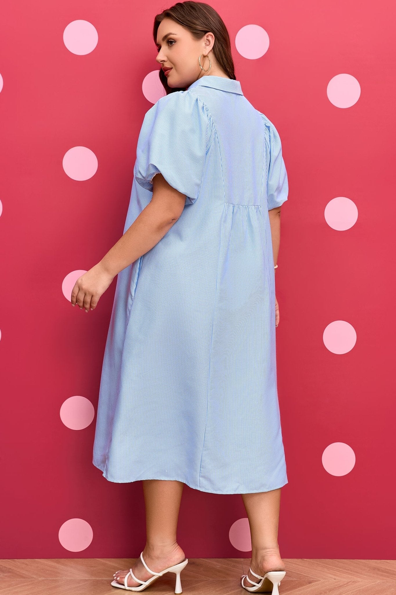 Plus Size Sky Blue Stripe Shirred Detail Collar V Neck Midi Dress - Bayou Curves