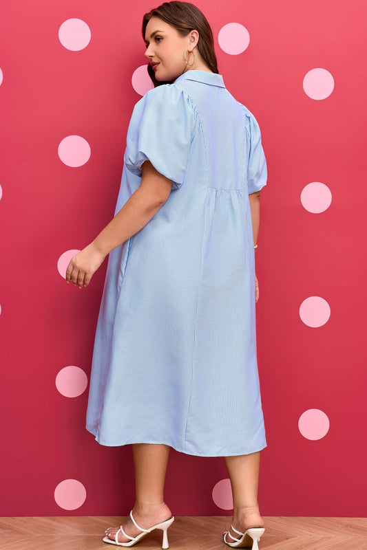 Plus Size Sky Blue Stripe Shirred Detail Collar V Neck Midi Dress - Bayou Curves
