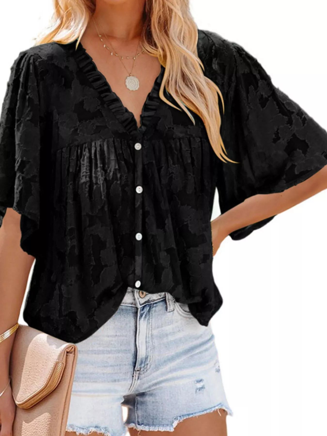 Full Size Textured V-Neck Button-Down Shirt Plus Size - Bayou Curves