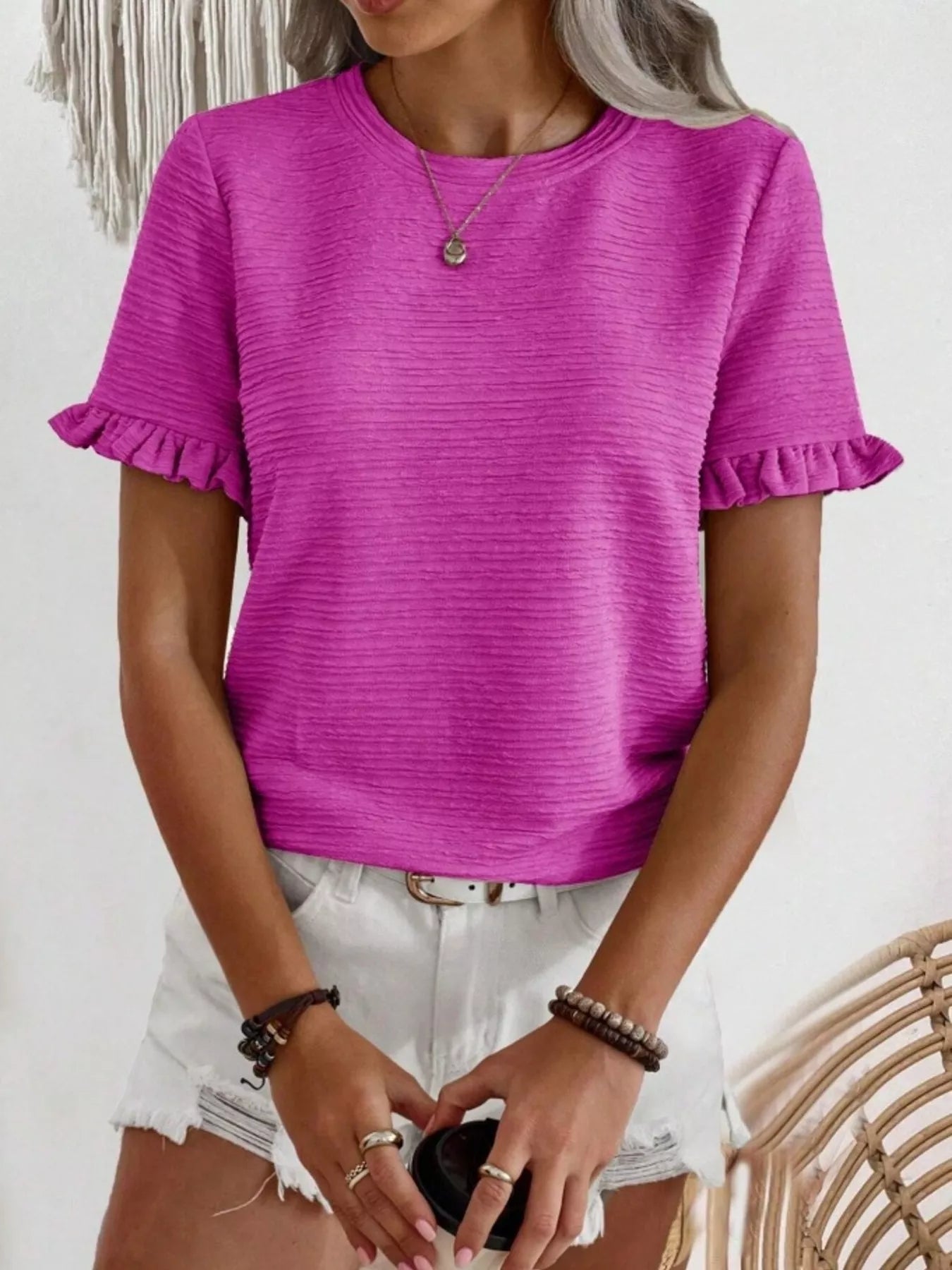 Textured Ruffle Sleeve Round Neck T-Shirt - Bayou Curves