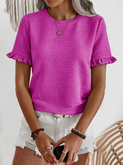 Textured Ruffle Sleeve Round Neck T-Shirt - Bayou Curves