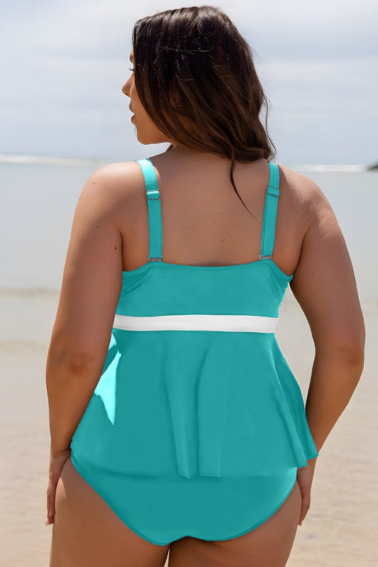 Turquoise Color Block Contrast Waistband Flare Two Piece Tankini Swimsuit - Bayou Curves