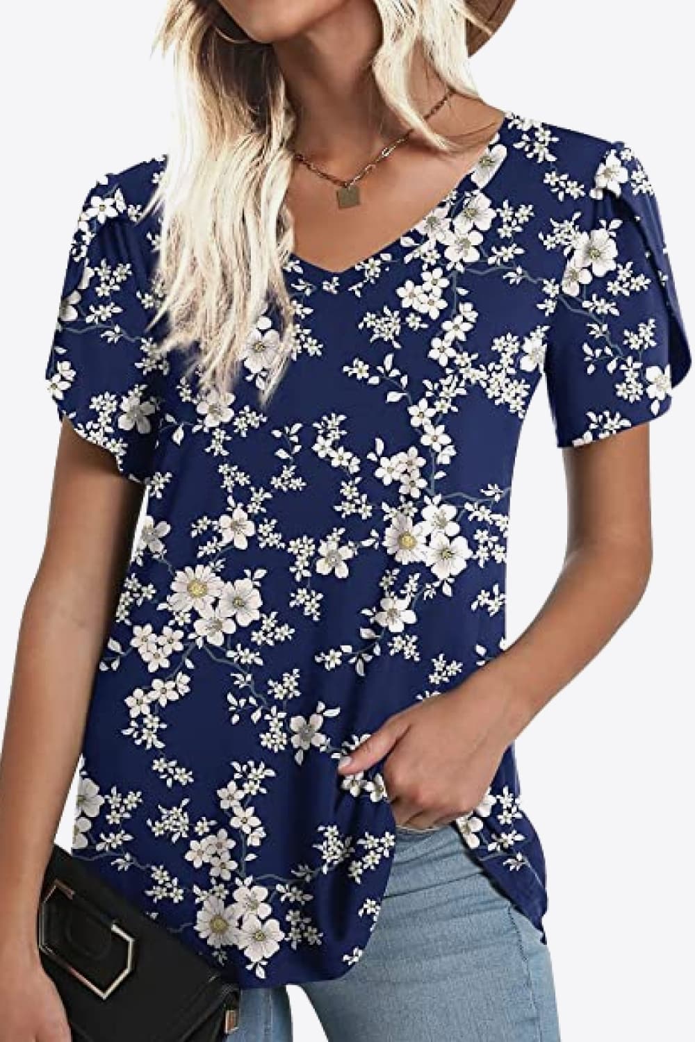 Printed Petal Sleeve V-Neck Blouse - Bayou Curves
