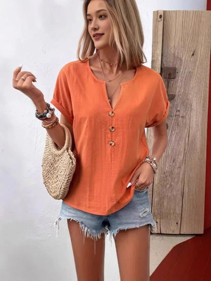 Full Size Notched Short Sleeve Top Plus Size - Bayou Curves