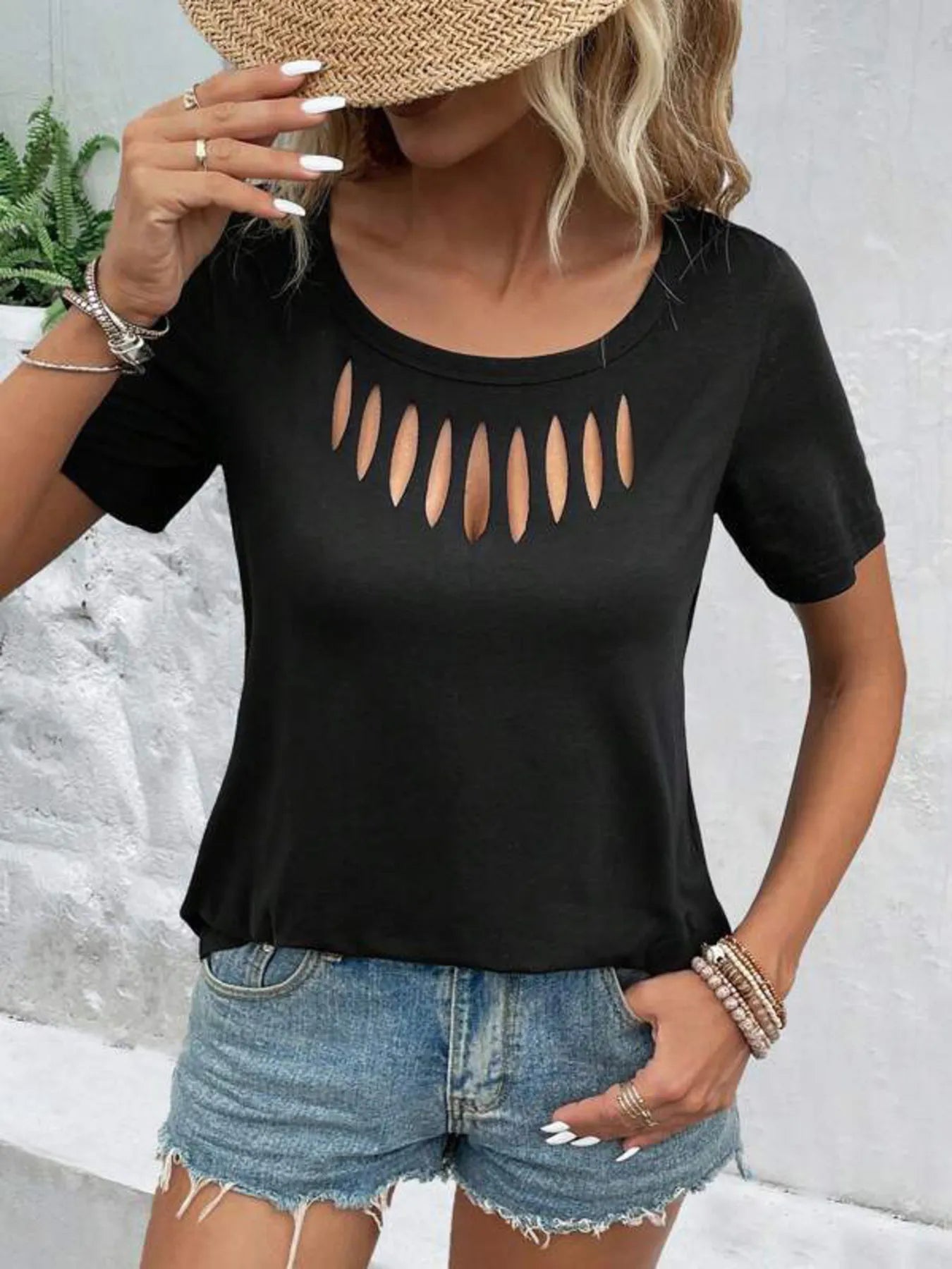 Hollow Out Neckline Short Sleeve T-Shirt - Bayou Curves