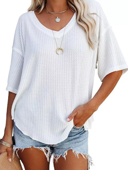 Waffle Knit V-Neck Short Sleeve T-Shirt - Bayou Curves