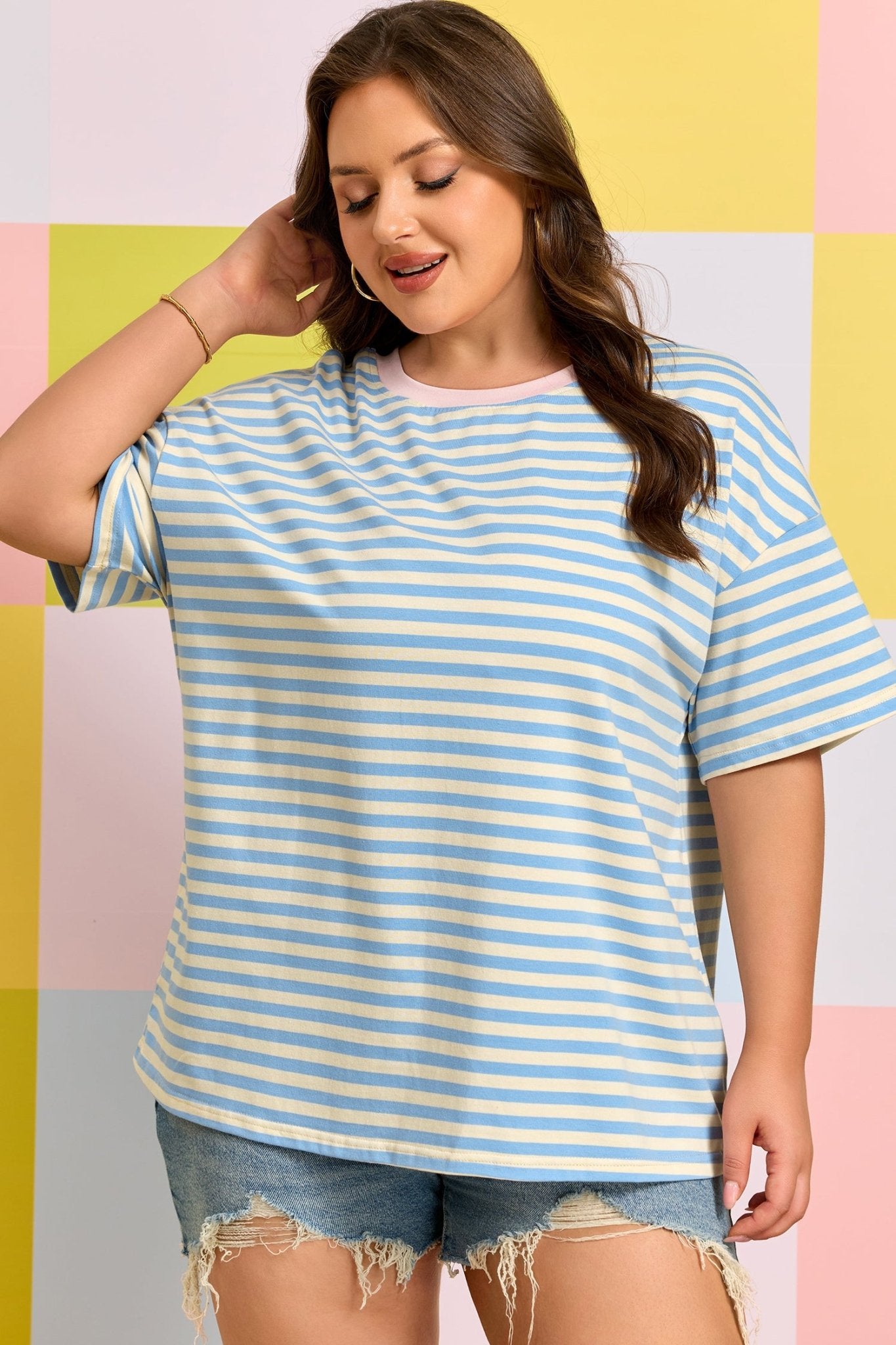 Plus Size Sky Blue Stripe Drop Shoulder Contrast Trim Round Neck Tee - Bayou Curves